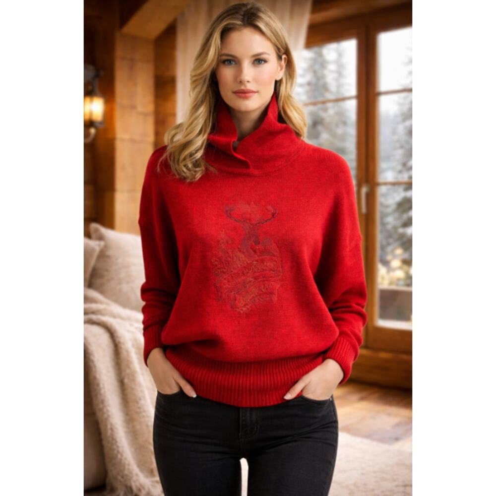 NWT Bogner Bavella Red Women’s Wool Blend Sweater Large – Deer Embroidery